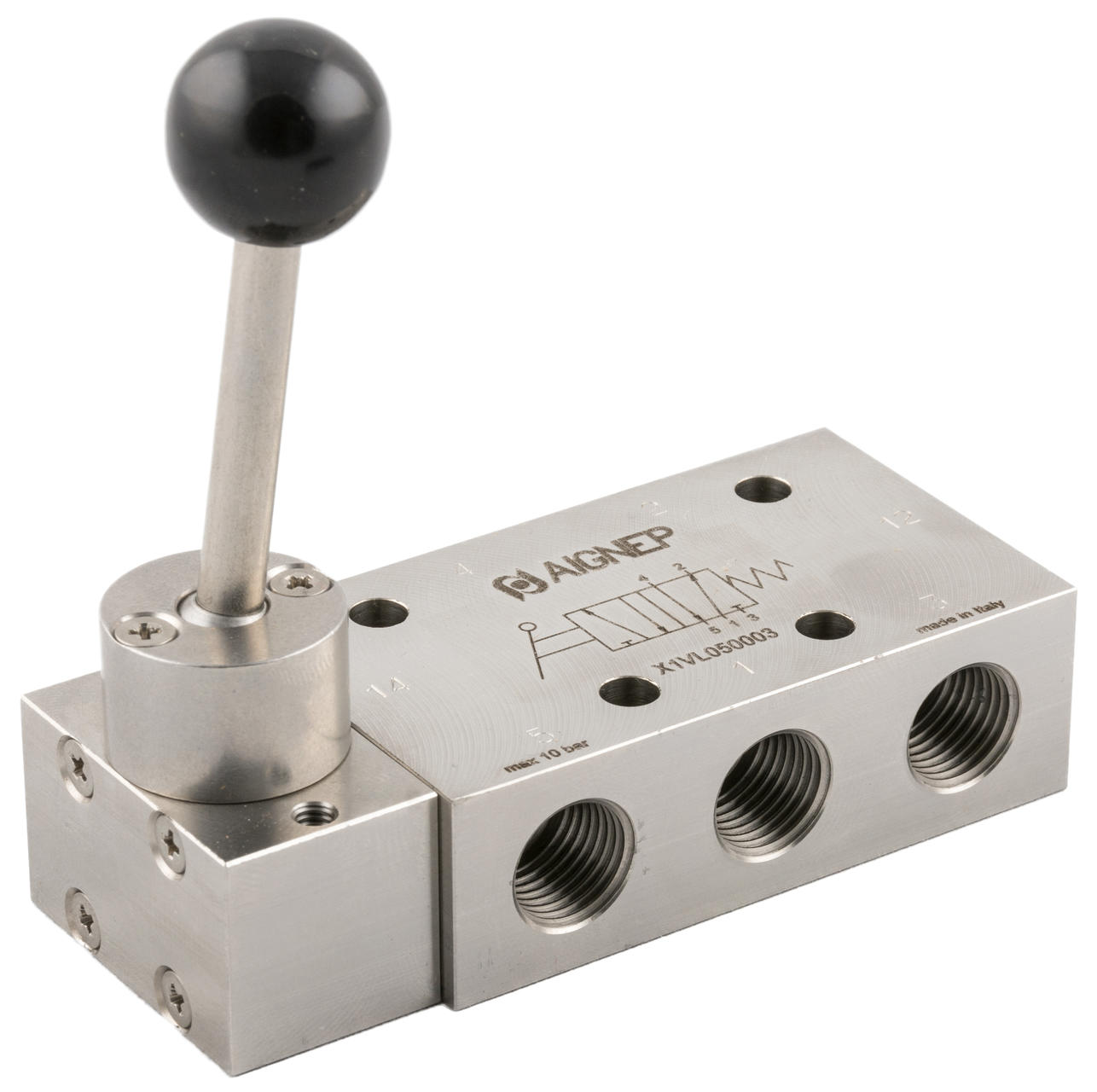 VALVA 5/3 CAI BI-STABILA CU LEVIER LA 90° INOX