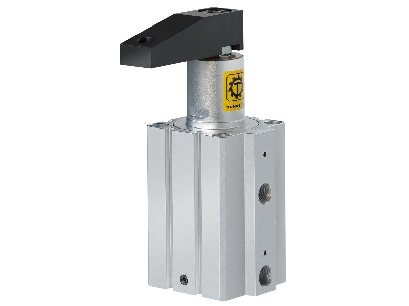 Pneumatik-Schwenkspanner, Kolbendurchmesse 25 mm, Gesamthub 29,5 mm, rechtsschwenkend, schmale Blockbauweise mit Magnetkolben, 90° Schwenkbereich SCQ 25 SR